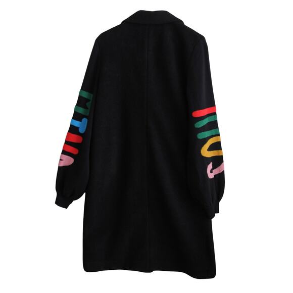 Desigual Estonia Coat Colorful Lettering Sleeves Wool Black Large - Picture 7 of 15